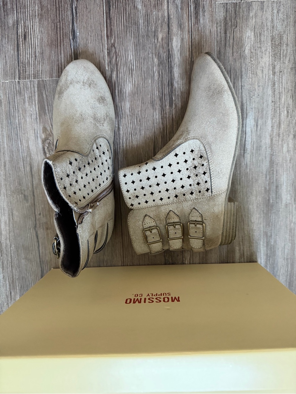 Mossimo Supply Co. Light Taupe Suede Perforated Ankle Boots with Triple Buckles
